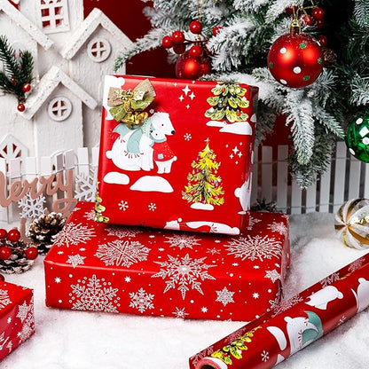 MAYPLUSS Christmas Wrapping Paper Roll - 17IN X 33FT - Red Gift Wrap Paper Featuring Christmas Tree Polar Bear Scarf Hat Reversible Snowflake for Kids, Holiday, New Year