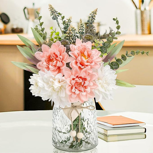 Der Rose Fake Flowers in Vase Silk Artificial Pink Flowers Arrangements with Glass Vase for Dinning Coffee Table Centerpieces Home Kitchen Farmhouse Wedding Decor