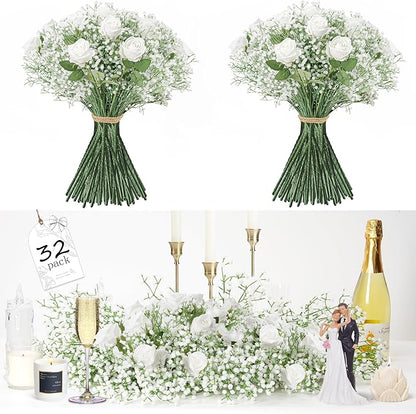 20Pcs Babys Breath Artificial Flowers Bulk, 12Pcs Fake White Roses Fake Flowers, DIY Wedding Flowers Bouquet, Realistic Faux Silk Flowers for Home Table Decor