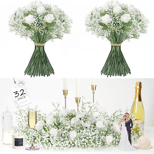 20Pcs Babys Breath Artificial Flowers Bulk, 12Pcs Fake White Roses Fake Flowers, DIY Wedding Flowers Bouquet, Realistic Faux Silk Flowers for Home Table Decor