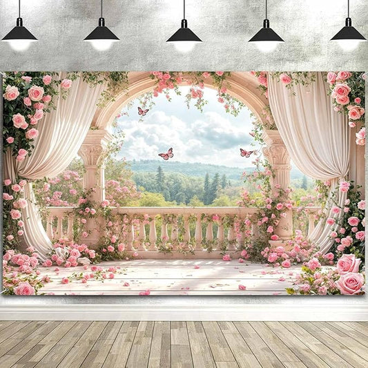 20X10ft Pink Floral Photography Backdrop, Retro Flowers Photography Backdrop Dreamlike Wedding Portrait Photo Background Wedding Birthday Party Background Banner Decor, Pink-1
