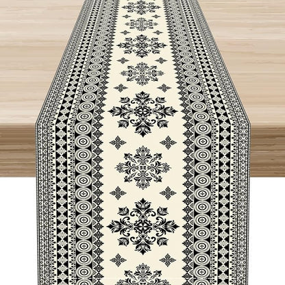 Black Paisley Table Runner, Vintage Damask Antique Floral Flower Retro Boho Swirled Print Table Center Decor for Family Kitchen Table Decorations Indoor Outdoor 13x108 inch