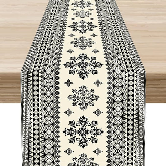 Black Paisley Table Runner, Vintage Damask Antique Floral Flower Retro Boho Swirled Print Table Center Decor for Family Kitchen Table Decorations Indoor Outdoor 13x36 inch
