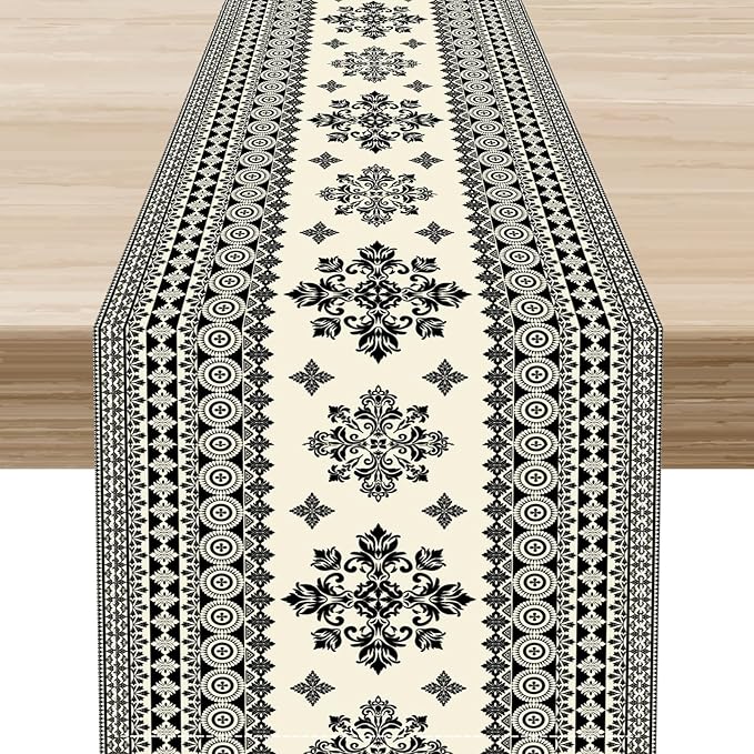 Black Paisley Table Runner, Vintage Damask Antique Floral Flower Retro Boho Swirled Print Table Center Decor for Family Kitchen Table Decorations Indoor Outdoor 13x72 inch