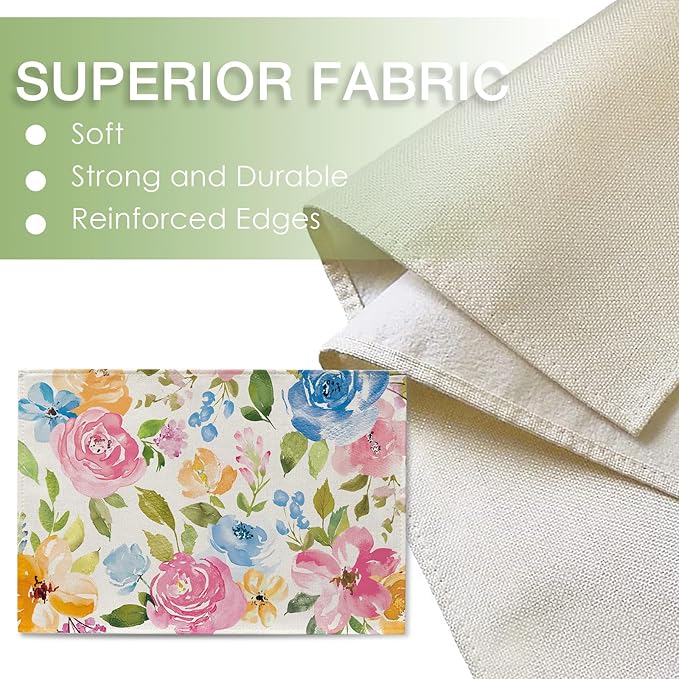Seliem Spring Summer Floral Flower Placemats Set of 4, Watercolor Peony Leaves Dining Table Place Mats, Seasonal Kitchen Decor Home Decoration 12 x 18 Inch