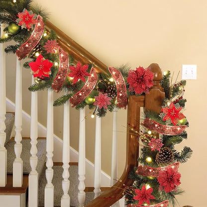 RECUTMS 9 Styles Christmas Red Glitter Artificial Poinsettia Flower Tree Ornaments with Ribbon Snowflake for Tree Wreaths Garland Floral Gift Winter Wedding Holiday Decoration(Red)