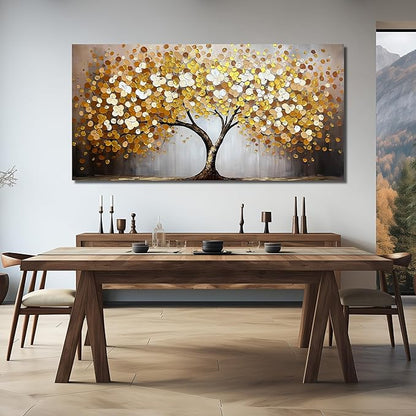 Tree of Life Canvas Wall Art for Living Room Gold and White Wall Decor for Office Extra Large Painting Canvas for Dining Room Size 40 x 80 Inch