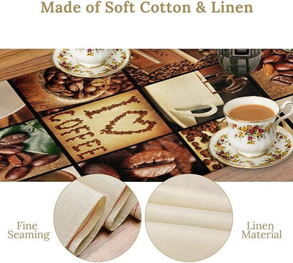 Vintage Coffee Theme Table Runner Happy Coffee Time Beans Dinner Runner Table Decoration for Farmhouse Cabin Home Kitchen Dining Holiday Party 13x108in