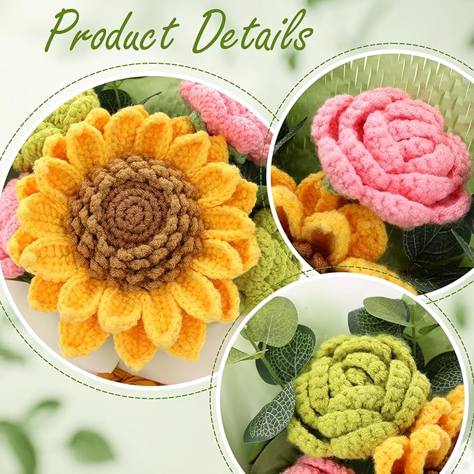 Crochet Flowers,Finished Bouquet Crocheted Cotton Thread Flowers, Handmade Crochet Rose Tulip Fern Leaf as a Gift for Lover, Friends. Artificial Flower (Brown&Green)