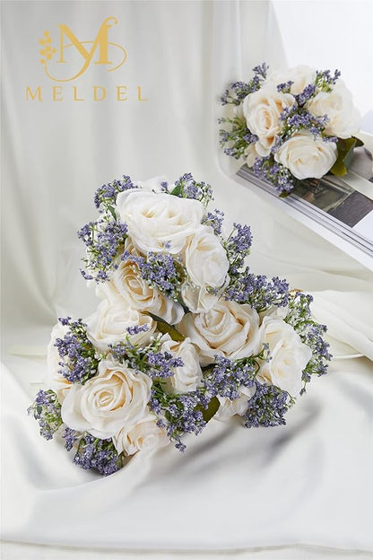 Meldel 6.5 Inch Ivory Bridesmaid Bouquets, Set of 2, Small Rose Artificial Wedding Bouquet Centerpiece Decorations for Wedding