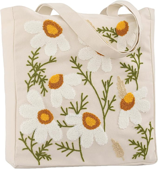 Aesthetic Embroidery Tote Bag for Lady Cute Reusable Canvas Shoulder Bag for Girls Women Shopping Grocery