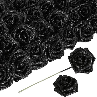 Black Flowers Glitter Rose 30 Pcs Artificial Flowers Glitter Flowers Foam Roses with Stem Faux Flowers for DIY Wedding Bridal Bouquet Party Centerpieces Decor(Black)