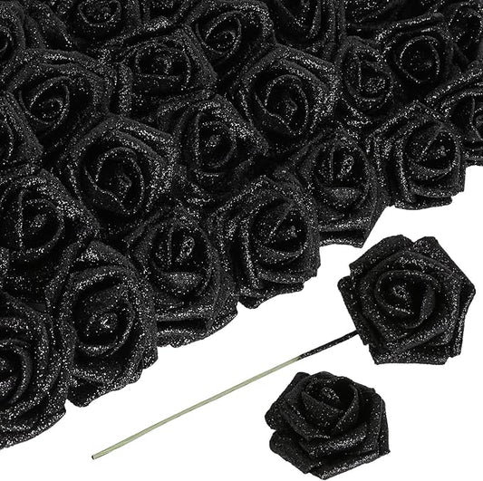 Black Flowers Glitter Rose 30 Pcs Artificial Flowers Glitter Flowers Foam Roses with Stem Faux Flowers for DIY Wedding Bridal Bouquet Party Centerpieces Decor(Black)