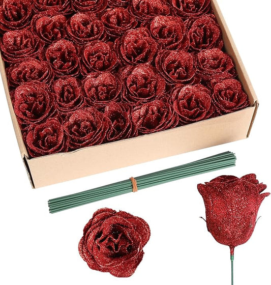 Artificial Roses, 30PCS Red Glitter Silk Roses for Wedding Bouquet, Party, Christmas, Home Decor