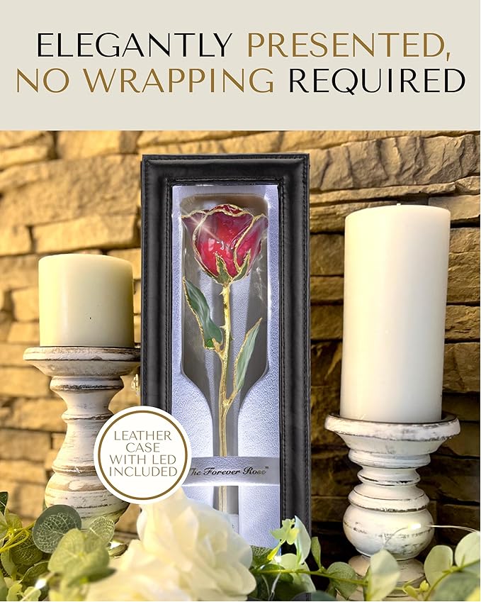 Forever Rose Hand-Dipped in 24K Gold, Ruby Red-Inspired July Birthstone with Sparkles, Real Rose in Leather Case with LED Light – Perfect Ready to Gift for July Birthday or Any Occasion