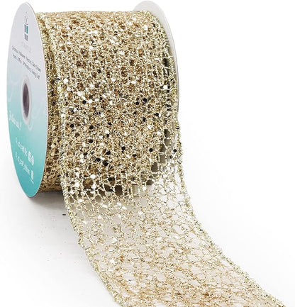 CT CRAFT LLC Sparkling Glitter Mesh Wired Ribbon 2.5" x 10 Yards Champagne Gold for Christmas Home Decor Bow Gift Wrapping DIY Crafts Wreath