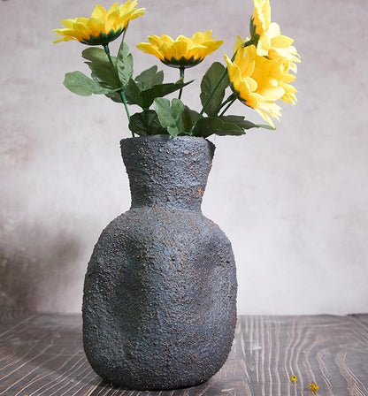 Rustic Textured Clay Vase - 7IN Rustic Ceramic Vase Vintage Farmhouse Style Decor, Circle Wabi Sabi Vases for Farmhouse Home Decor, Decor Living Room, Table, Shelf(Black)
