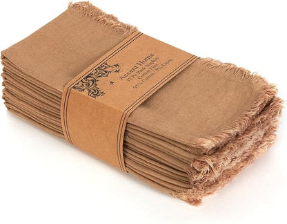 ACCENTHOME Brown Cotton Linen Napkin Set of 12 18x18 inch Dinner Napkins - Washable Soft Premium Hotel Quality Reusable Hemmed Edges Napkins Perfect Table Linens for Family Dinners, Weddings