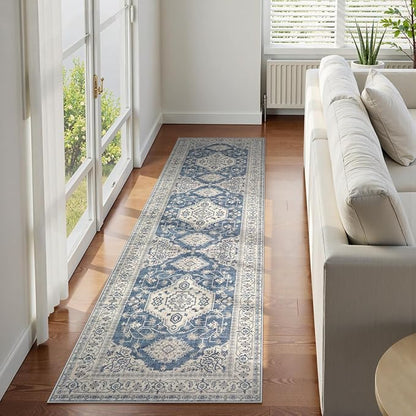 Lahome Oriental Washable Runner Rug Non Slip, 2x7 Rug Runners for Hallways Kitchen, Ultra-Thin Hallway Rugs for Laundry Room Bathroom Bedroom, Blue