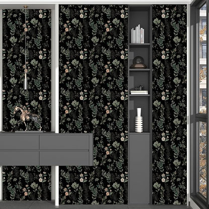 Black Green Floral Wallpaper 17.4" x 394", Dark Green Leaf Contact Paper Peel and Stick Wallpapers Waterproof Self-Adhesive Wall Covering for Bedroom Countertop Desk Cabinets Decor
