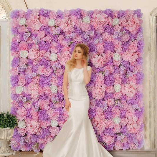 Artificial Flower Wall Backdrop 16pcs 16.5x16.5 Inch 3D Silk Rose Floral Wall Panel Ideal for Wedding Celebrations, Festive Party Birthday Backdrops and Elegant Home Decor-Pink and Purple