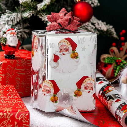 MAYPLUSS Christmas Wrapping Paper Roll - 17IN X 33FT - Silver Gift Wrap Paper Featuring Santa Claus Snowflake HO Reversible Gold Merry Christmas for Kids, Holiday, New Year