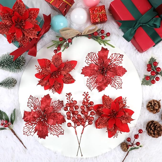 Sawowkuya 22 Pcs Red Christmas Poinsettia Artificial Flowers and Glitter Berries Stems Kit, Christmas Poinsettias Decorations and Christmas Tree Ornaments for Xmas Home Wedding Holiday Tree Decor