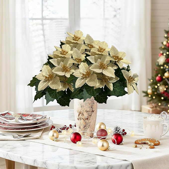 6 Pack Yellow Christmas Artificial Poinsettia Flowers Faux Poinsettia Bush Bouquets Silk Poinsettia Christmas Tree Ornaments Poinsettia Flower Arrangement for Home Decor