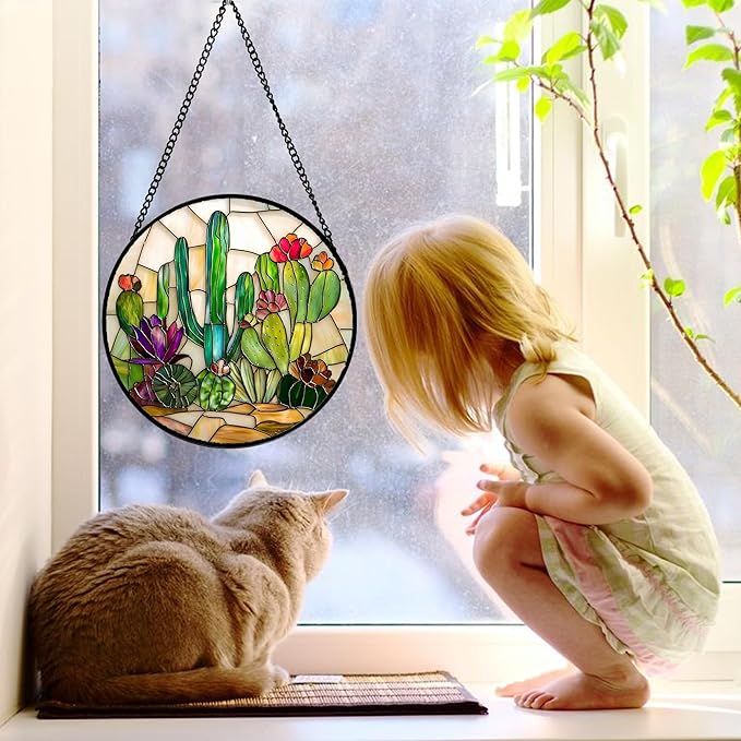 Stained Glass Window Hanging, White Green Cactus Suncatcher Diamond Glass Panel Hangings Sun Catchers Decor for Birthday for Women, Men, Wife, Aunt, and Mom 9.8 in