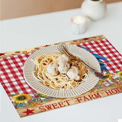 Farm Rooster Placemats, Vintage Rustic Farmhouse Lattice Sunflower Flower Chicken Animal Print Washable Fabric Placemats Table Kitchen Dining Party 12x18 Inch Set of 4