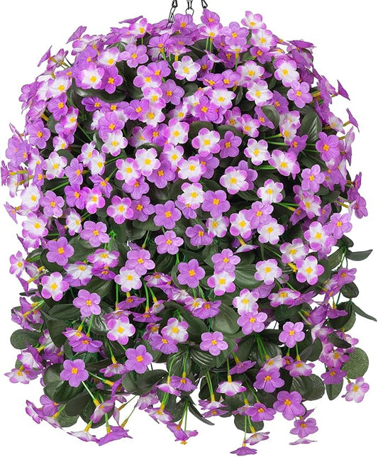 HyeFlora Artificial Fake Hanging Flowers with Basket for Outdoor Decoration,UV Resistant Faux Silk Daisy Flowers Light Fuchsia Orchid Vines in Planter Realistic Hanging Baskets for Home Porch Garden