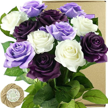 FiveSeasonStuff 12 Stems Artificial Flowers Real Touch Silk Roses for Wedding Decoration Bridal Bouquets Table Centerpieces Party Shower, Packed in Box (Luxe Purple & White)