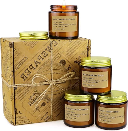 YFYTRE 4 Pack Scented Candle Set Soy Wax Candles, Aromatherapy Candles for Home Decoration, Jar Candles Gift for Women Mother with Amber Glass Jars and Kraft Wrapping