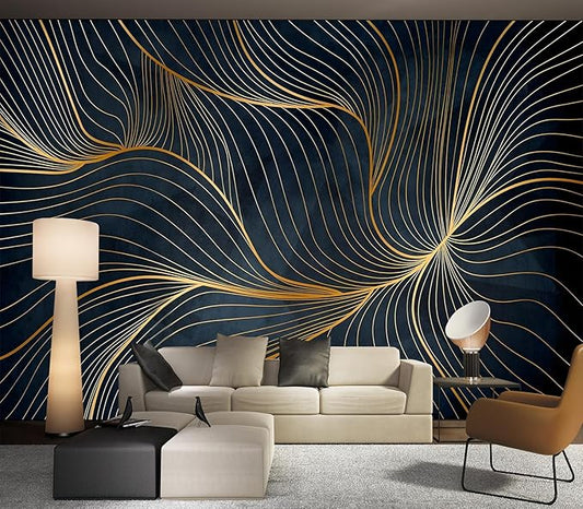 Eierme-Golden Abstract line Pattern Waves Mural Wallpaper Peel and Stick 160" x 114"