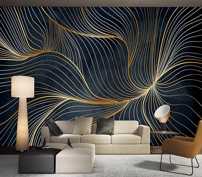 Eierme-Golden Abstract line Pattern Waves Mural Wallpaper Peel and Stick 137" x 102"