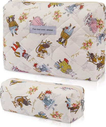 2PC Makeup Bag Set, Cute Cosmetic Bag for Women Girls, Floral Coquette Aesthetic Toiletry Bag, Travel Make Up Organizer Bag (Cat Print)