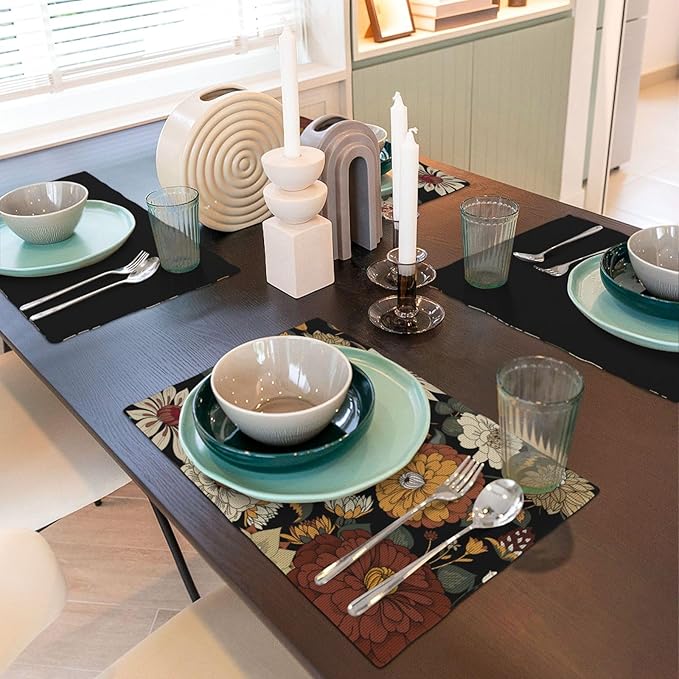 Boho Flower Placemats, Colorful Bohemian Floral Place Mat Set of 6,Wildflower Summer Table Mats for Party Kitchen Dining Decoration 6 PCS, Style-10