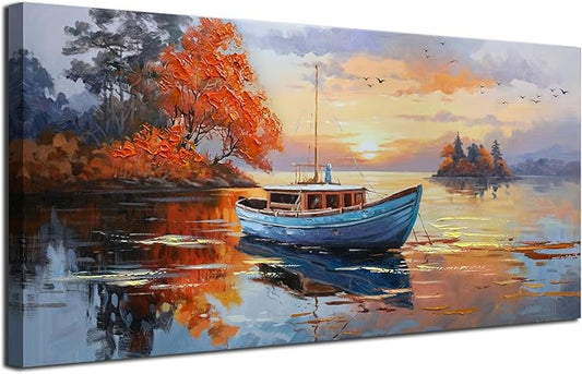 Brushart Ship Wall Art for Living Room, Large Canvas Wall Art Landscape Picture Painting Wall Decor Textured Artwork for Walls Bedroom Home Office 48"x24"