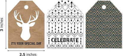 Pro Supply Global 24 Count of 2.5 Inch x 3 Inch Pre Strung Deer Heads Gift Tag Assorted Printed Designs on Large Cardstock Gift Hang Tags - Ideal to Use on Bags