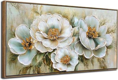 Arjun Big Size Framed Canvas Wall Art for Bedroom, Large Wood Frame Vintage Flower Painting Living Room Textured Artwork Gold Picture Bloosom Dining Room Kitchen Home Office Wall Decor, 58"x29"