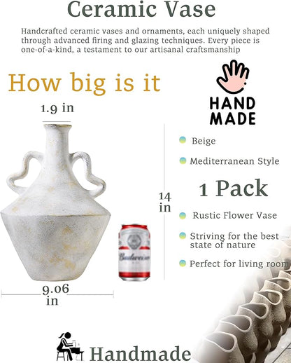 UPWOIGH 14 in Vintage-Inspired Distressed Ceramic Vase with Double Handles, White Handmade Look Flower Vase with Intentional Black Distressing, Modern Rustic Decorative Pottery for Living Room Table