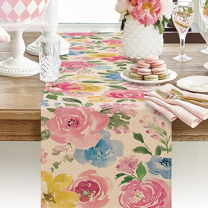 Seliem Spring Summer Watercolor Flower Table Runner, Peony Floral Kitchen Dining Table Decor, Seasonal Burlap Home Decoration Indoor Outdoor Party Supply 13 x 90 Inches