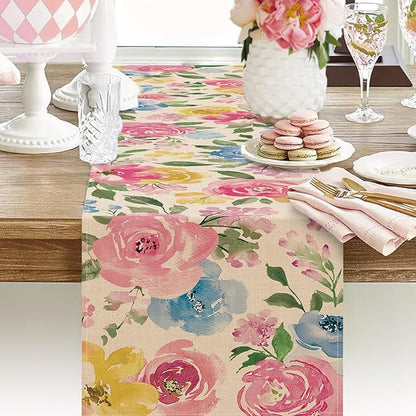 Seliem Spring Summer Watercolor Flower Table Runner, Peony Floral Kitchen Dining Table Decor, Seasonal Burlap Home Decoration Indoor Outdoor Party Supply 13 x 72 Inches