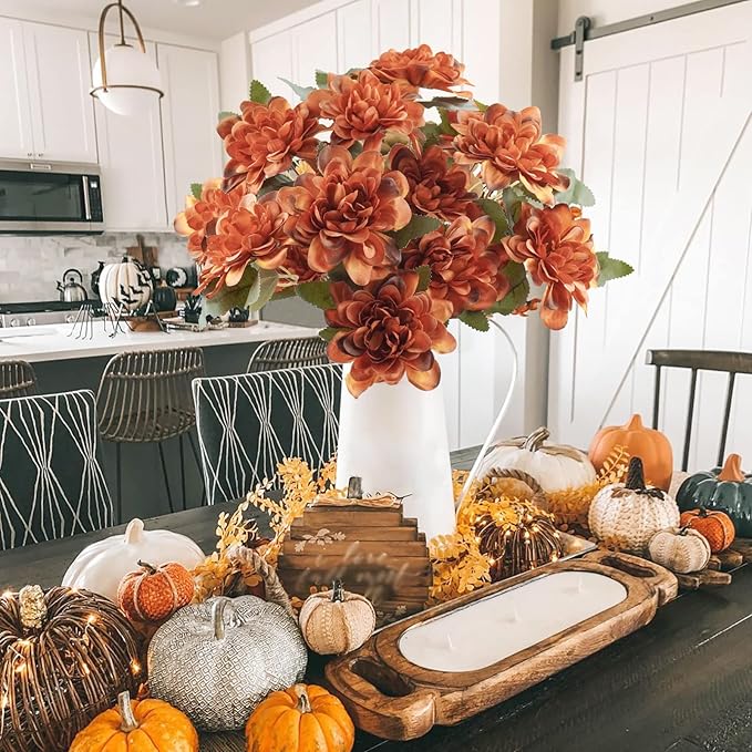 Uieke 6PCS Artificial Daisy Mums Flowers with Stem, Burnt Orange Silk Flowers Arrangement for Home Party Fall Wedding Bouquet Thanksgiving Table Centerpieces Decor (Vintage Terracotta)