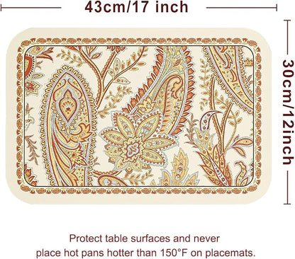 ISAENNE Designer Paisley PVC Placemats Set of 6,Classic Pattern Yelllow Rectangular Placemat, Waterproof and Heat-Resistant Paisley Style, Decoration for Kitchen, Party,Dinning,New Year,12"*17"