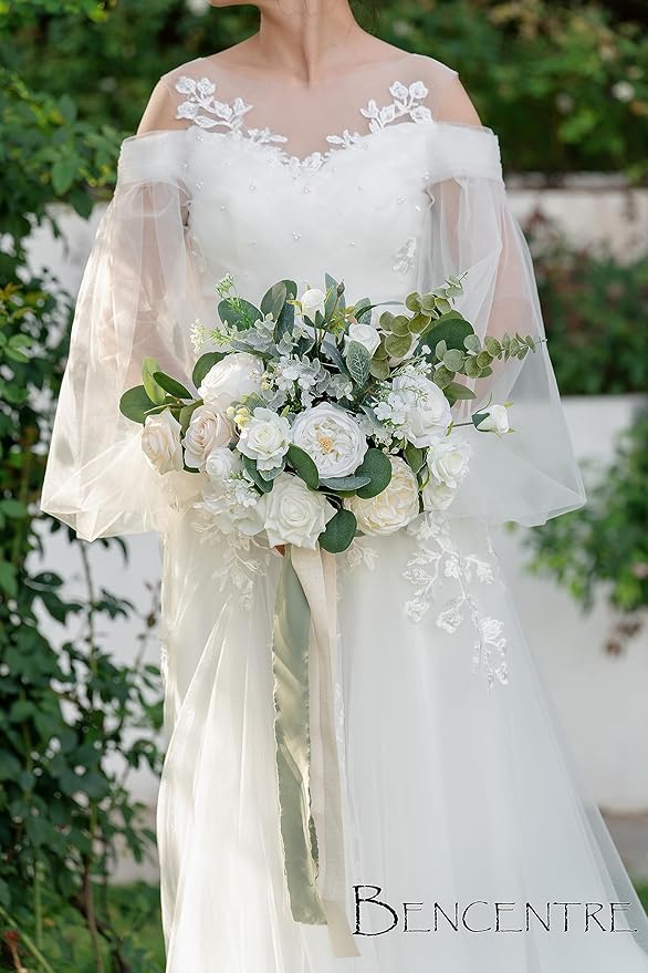 14 Inch White Bridal Bouquet,Wedding Bouquet,Bride Bouquets for Wedding Ceremony Anniversary, Party and French Rustic Vintage Wedding,Artificial Flowers
