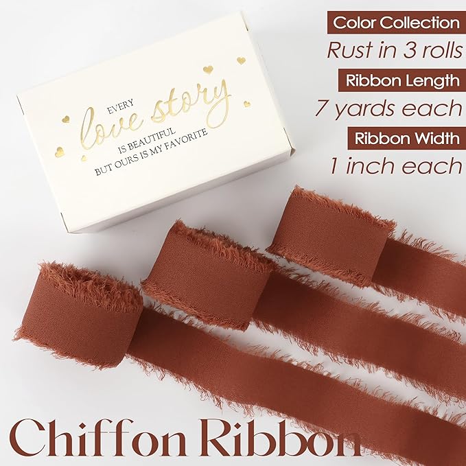 MEEDEE Orange Chiffon Ribbon 1 Inch Frayed Ribbons Terracotta Silk Rust Ribbon Thin Chiffon Ribbons for Crafts, Gift Wrapping, Wedding Invitation (3 Rolls 21 Yards)