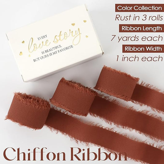 MEEDEE Orange Chiffon Ribbon 1 Inch Frayed Ribbons Terracotta Silk Rust Ribbon Thin Chiffon Ribbons for Crafts, Gift Wrapping, Wedding Invitation (3 Rolls 21 Yards)