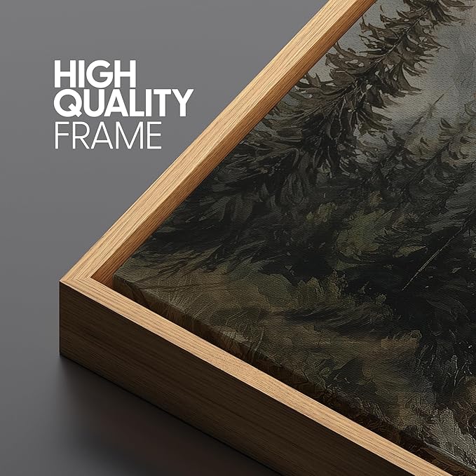 SIGNFORD Large Framed Canvas Print Wall Art Mountain Forest Landscape Misty Pine Trees and Lake Scene Illustrations Modern Art Relax/Calm Warm for Living Room, Bedroom, Office - 60"x20"