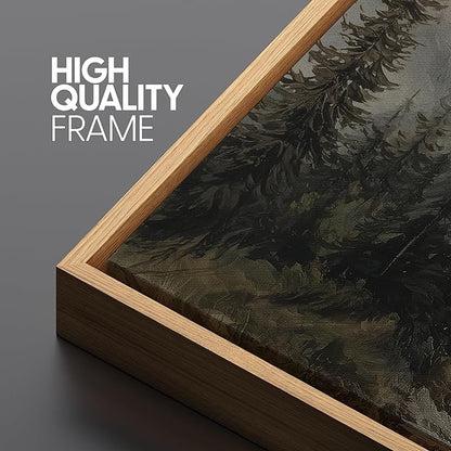 SIGNFORD Large Framed Canvas Print Wall Art Mountain Forest Landscape Misty Pine Trees and Lake Scene Illustrations Modern Art Relax/Calm Warm for Living Room, Bedroom, Office - 60"x20"